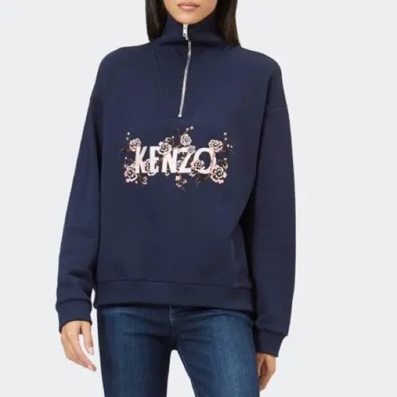 Kenzo Tops - KENZO Paris Floral Embroidered Half Zip Sweatshirt Navy Blue Women’s XS